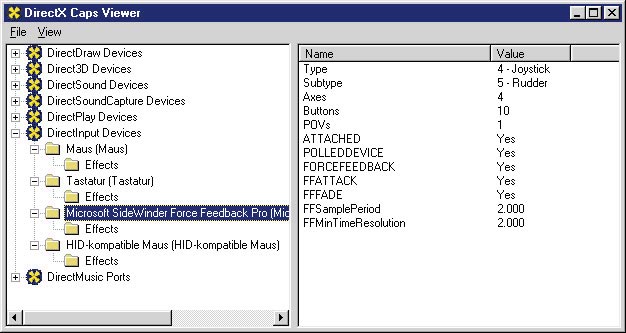 HIER SEHEN SIE DIE Informationen von DirectX über einen Force-Feedback-Joystick.