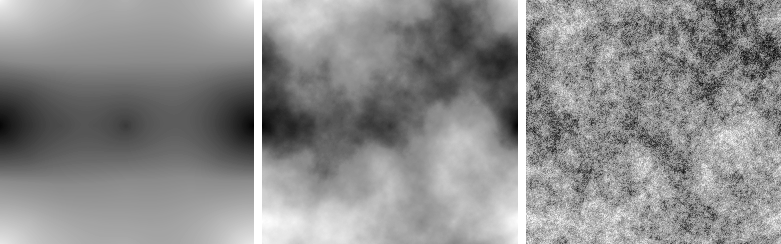 VERSCHIEDENE ROUGHNESS-WERTE(<i>4, 1, 0.25</i>) beeinflussen Form und Detail der Landschaft.