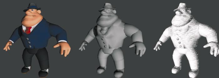 Abwechslung: Ein bekanntes OBJ-Modell dargestellt mit Materialparametern, diffuser Beleuchtung und Hatching.