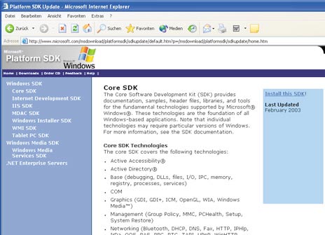 Platform SDK: Mit der Online Installation erhalten Sie Headerdateien und Bibliotheken, um GDI+-Applikationen zu entwickeln.